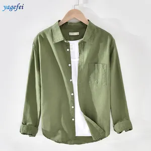 Camisas de lino transpirables para hombre, camisas masculinas informales de alta calidad con botones lisos, color verde militar, superventas