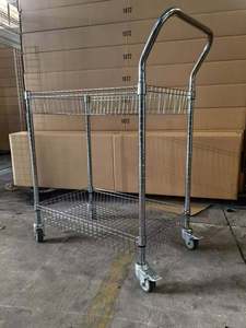 עגלת לוגיסטיקה ניידת דו-קומתית מפלדת אל-חלד מצופה כרום, בעלת סל רשת עמוק ועמיד במיוחד לאחסון במחסן - Product Image 4