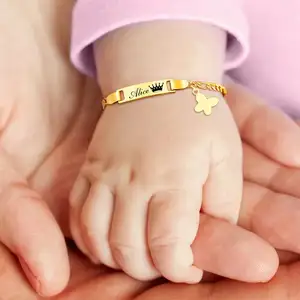 Nama DIY kustom gelang kaki anak bayi Bar pesona baja tahan karat berlapis emas 18K gelang Bangle untuk bayi anak laki-laki anak perempuan