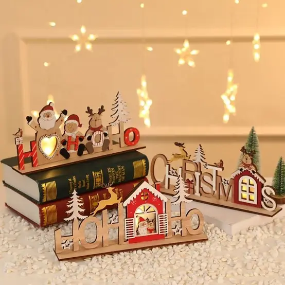 Christmas Desk Decorations Santa Claus LED Lights Inside Christmas House Lighting Scene Layout Christmas Wooden Ornaments