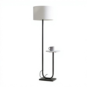 Modern Minimalist LED Floor <b>Lamp</b> with E27 Base White Drum Shade Metal Frame and Side <b>Table</b> for Living Room Bedroom - Product Image 1
