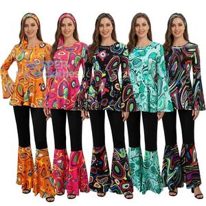 Conjunto de Disfraz de Película y Televisión para Mujer, Top Corto Vintage Hippie con Estampado Abstracto de Discoteca de los 70 y Pantalones con Mangas de Campana, Estilo Retro HP - Product Image 1