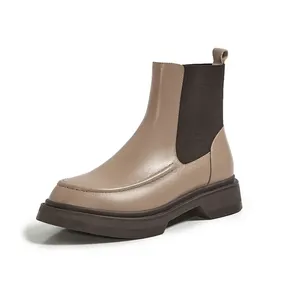 Chaud en <span class=keywords><strong>cuir</strong></span> véritable femmes bottes rétro Style britannique sans lacet <span class=keywords><strong>Chelsea</strong></span> bottes mode <span class=keywords><strong>bottines</strong></span> bout rond plat avec des chaussures pour femmes - Product Image 1