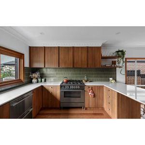 Gabinetes de Cocina Modernos de Mediados de Siglo Vermonhouzz, Madera de <span class=keywords><strong>Nogal</strong></span> Oscuro, Isla con Estantes Abiertos, Cajones con Cierre Suave para Construcción de Cocinas - Product Image 2