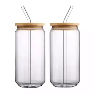 12oz 16oz gefrostet klar, Bier Sublimation Bierdose Glas mit Bambus deckel und Plastiks troh halmen geformt/
