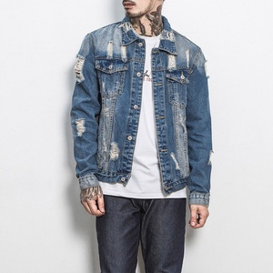 Veste en jean déchirée délavée bleue coupe ajustée à col rabattu grande taille pour homme – Style décontracté et tendance - Product Image 1