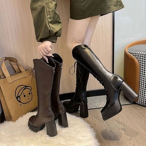 Nouvelles bottes hautes pour femmes, style hiver, à fermeture éclair, bout carré, avec tige en PU et talons épais, confortables et élégantes pour un usage quotidien - Product Image 2