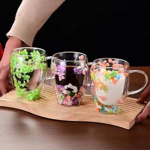 Tasse à fleurs séchées en verre double couche, populaire, avec sable mouvant, créative, pour le petit-déjeuner, avec poignée - Product Image 2