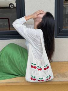 Sac fourre-tout léger pour femme, style coré<span class=keywords><strong>en</strong></span>, <span class=keywords><strong>en</strong></span> crochet, motif cerise, ouvert et portable, idéal pour l'hiver, le printemps, l'été et l'<span class=keywords><strong>automne</strong></span> - Product Image 2