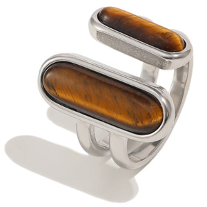 Stainless Steel 18K Gold Plated <b>Tiger</b> <b>Eye</b> Stone Open <b>Ring</b> Retro Geometric Statement Finger <b>Ring</b> For Women Trendy Daily Jewelry - Product Image 2