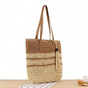 Sac fourre-tout en paille tressée grande capacité à rayures françaises pour femmes d'affaires, nouveau sac de plage contrasté avec broderie et deux ouvertures - Product Image 4