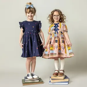 Gaun sekolah anak perempuan, gaun musim panas kasual hari pertama sekolah motif OEM 'pensil butik untuk kelas sempurna kembali ke sekolah pakaian anak-anak