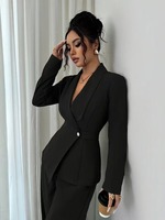 Ensemble de costume élégant pour femme, idéal pour le bureau, en tissu peigné respirant, avec blazer à col en V et manches longues boutonnées, et pantalon droit