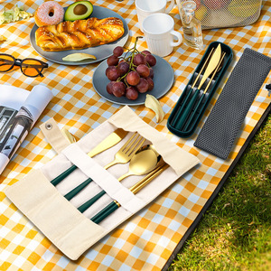 Juego de cubiertos de acero inoxidable estilo coreano para exteriores con bolsa de almacenamiento portátil para picnic - Product Image 1
