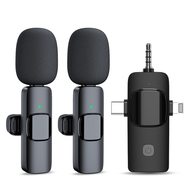 Factory Stock Portable 3 in 1 2.4g Wireless Stereo Lavalier Microphone Live Interview Outdoor Mini Noise Cancelling Lapel Mic