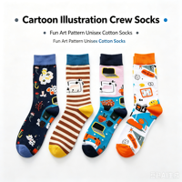 Chaussettes à motif de dessins animés amusants, chaussettes en coton colorées et tendance, logo personnalisé en gros et emballage en boîte cadeau