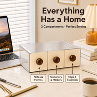 Organisateur de bureau à 3 tiroirs en PET HIPS transparent, boîte de rangement empilable à triple section, dessus côtelé, poignée boule crème, OEM