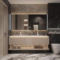 Ensemble de meuble de salle de bain en bois massif double vasque, style classique moderne, avec miroir LED en dalle de roche et vasque courbée à chaud, style crème, pour hôtel