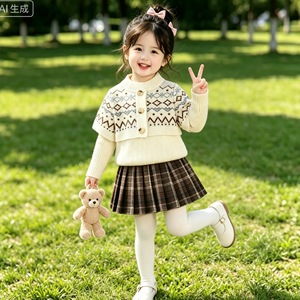 Ensemble de pulls pour enfants, châle, <span class=keywords><strong>cardigan</strong></span> tricoté, automne-hiver, nouveau <span class=keywords><strong>style</strong></span>, jupe à carreaux <span class=keywords><strong>style</strong></span> occidental pour bébé fille, <span class=keywords><strong>style</strong></span> coréen - Product Image 3