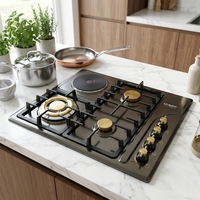 Table de cuisson combinée gaz et électrique 4 brûleurs encastrable en acier inoxydable pour usage hôtelier, commercial et domestique