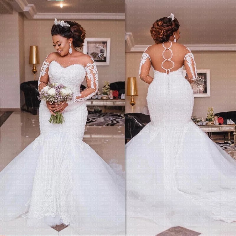 Gaun pengantin sederhana Backless seksi gaun pernikahan lengan panjang tanpa tali panjang lantai gaun pernikahan Afrika renda putri duyung pengantin Formal kustom