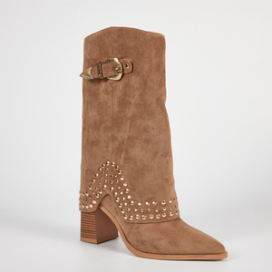 WETKISS Bottes de cow-girl punk à clous <span class=keywords><strong>pour</strong></span> femmes en gros, bottes à talons hauts mi-<span class=keywords><strong>mollet</strong></span>, bottes de cow-boy occidentales à revers avec rivets - Product Image 1