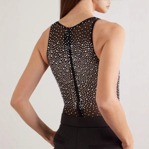 Sexy Summer <b>Black</b> Mesh Sleeveless Skinny Fit Bodysuit for Women with Rhinestone Embellishments <b>Sparkly</b> Party Dance Leotard <b>Top</b> - Product Image 4