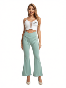 Pantalones Dolado Flare de Cintura Alta, Largos, Tejidos, de Spandex y Nailon, Transpirables, Casuales, de Verano, para Mujer - Product Image 1