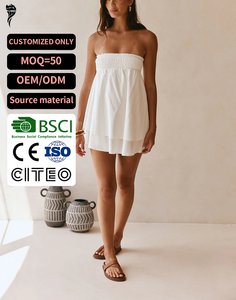 Boho Style Women's <strong>Strapless</strong> Mini Dress White Smocked Layered Ruffle Flared Short Dress Casual Beach <strong>Sundress</strong> for Ladies - Product Image 1