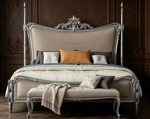 Premium Queen Size Silver Four Poster <b>Bed</b> With Beige Upholstered Ornate Carved Nailhead Headboard For Luxury Bedroom - Product Image 2
