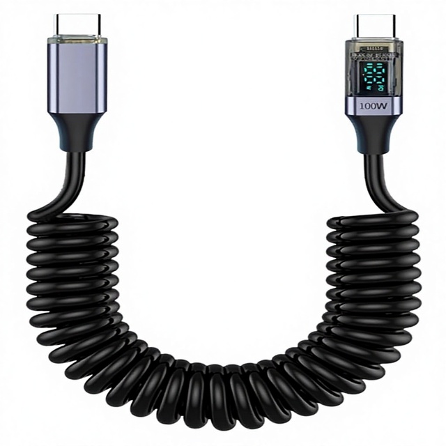 PVC USB C PD100W Data Cable with Dynamic Power Display Fast Charging Retractable Cord