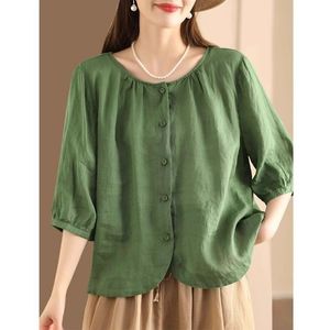 Women's Green Linen Shirt Loose Round Neck Button Front Summer Blouse Casual Everyday Wear - Product Image 1