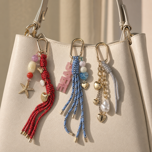 Boho Ocean Starfish Shell Bag Charm with Heart &amp; Pearl <strong>Beads</strong>, Tassel <strong>Keychain</strong> for Purses &amp; Backpacks, Beach Tassel Bag Charm - Product Image 4