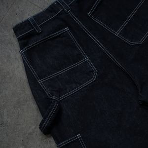 Çift diz sokak giyim boy ağır kırmızı kenar Denim erkek Denim geniş bacak Baggy kot Vintage ham Denim Indigo mavi - Product Image 4