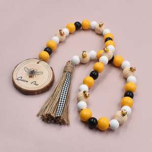 Guirnalda de cuentas de madera hecha a mano de resortes con diseño rústico, cuentas de granja de madera Natural de 86cm y etiqueta de abeja para decoración de pared - Product Image 5