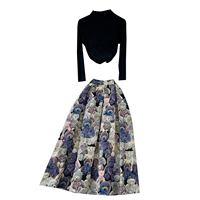 Ensemble haut en tricot à col roulé pour femme et jupe mi-longue à taille haute en jacquard à motif d'ours pour l'automne et l'hiver