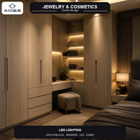 Armoire moderne en L sur mesure avec coiffeuse d'angle, étagères ouvertes et tiroirs à LED pour usage commercial et résidentiel (chambre à coucher)