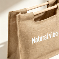 Sac fourre-tout en jute personnalisé avec logo imprimé, poignées en bois, imperméable, sac d'épicerie en chanvre naturel pour cadeau promotionnel