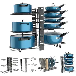 热8层锅架，3种方法可调锅碗瓢盆组织器，用于橱柜可折叠可拆卸锅架支架