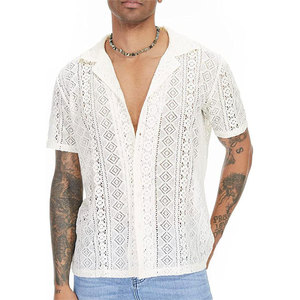 เสื้อยืดผู้ชายสไตล์ยุโรปอเมริกันแบบใหม่ ผ้าลูกไม้โปร่งแสง ปกเว้า สีพื้น สามารถสั่งตัดได้ ระบายอากาศได้ดี - Product Image 1