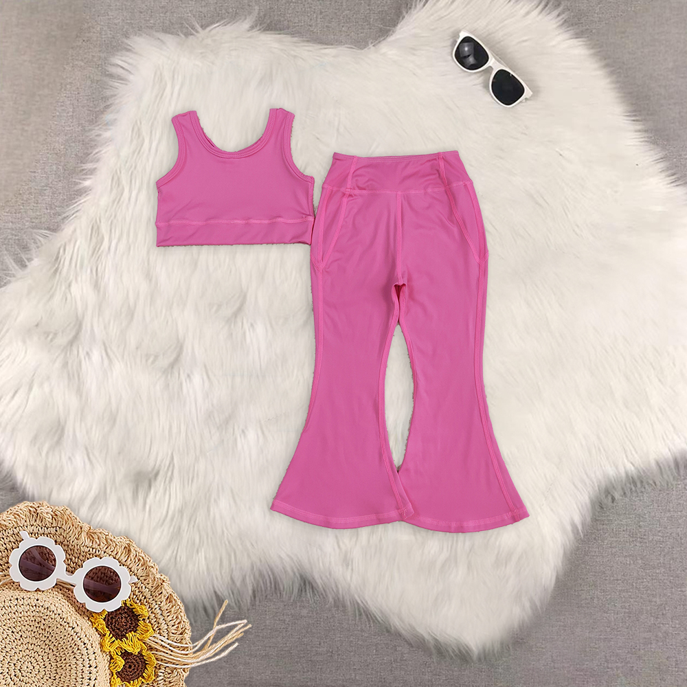 RTS NO MOQ Children's Boutique Clothing Yoga Wear Western Bell Bottoms Sets Rose Red Vest Pants Little Girls Athletic Wear