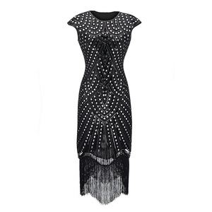 Robe à clapet vintage Great Gatsby des années 1920 pour femmes col rond Midi avec paillettes franges embellies accessoire Art déco translucide - Product Image 3