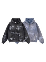 Sweat à capuche d'hiver pour homme, imprimé graffiti, délavé, zippé, doublé polaire, coupe oversize, style streetwear décontracté pour le quotidien