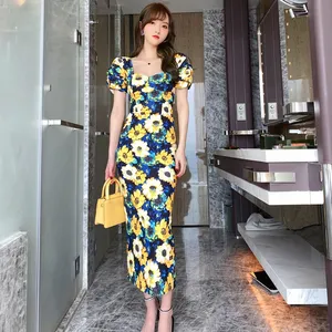 4010 2023 Summer New Women'S Retro Thin Sun Casual Vacation Elegant Sunflower Maxi Dress