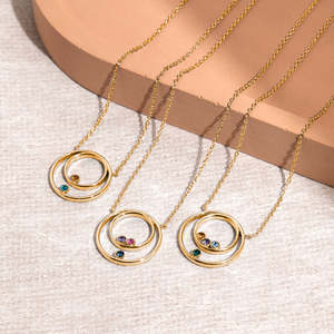 Joyería personalizada PEISHANG 925 plata esterlina personalizada madre e hijo tres piedras doradas collar circular - Product Image 4