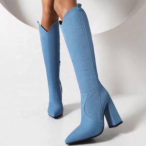 Bottes pour femmes en denim bleu uni, talon carré, hauteur genou, bout pointu, talon épais, antidérapantes, automne-hiver, taille 43 - Product Image 4