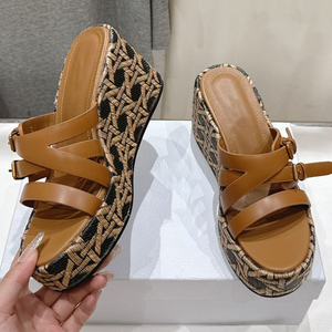 Zapatos de tacón alto bordados para mujer, talla grande 45, sandalias de cuña con plataforma gruesa, punta abierta, estilo mule, con cinturón y hebillas metálicas. - Product Image 1