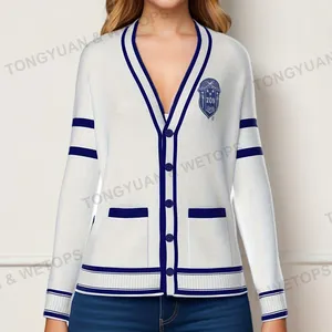 BSCI вязаный свитер на заказ греческий ZPB синий белый женский узор с логотипом V-образным вырезом пуговицы с буквами патчи рельефный кардиган свитер