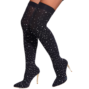 Botas de tacón alto para mujer, elegantes y a la moda, con diamantes de imitación, por encima de la rodilla, con cremallera, suela de goma, punta en pico y tacón fino. - Product Image 1