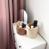 Panier de rangement cylindrique en tissu avec nœud mignon, imprimé floral à carreaux, organisateur de cosmétiques et de petits objets pour bureau et chambre